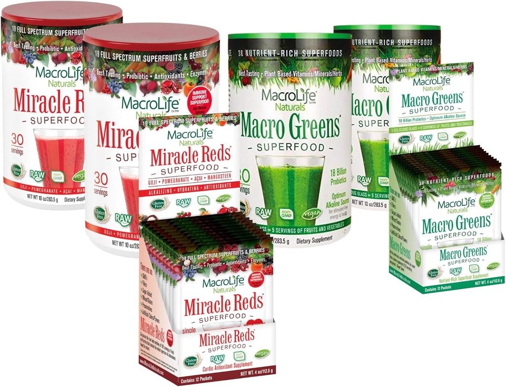 MacroLife Survivor 6-Count Bundle, 2 Macro Greens 10oz +1 Packet Box (12ct), 2 Miracle Reds 10oz +1 Packet Box (12ct)