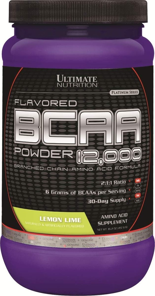 Ultimate Nutrition Flavored BCAA Powder 12.000, Post Workout Recovery Drink, 3g Leucine 1.5g Valine 1.5g Isoleucine, Branch Chain Aminozuren Supplementen voor spierherstel, 60 Servingen, Lemon Lime