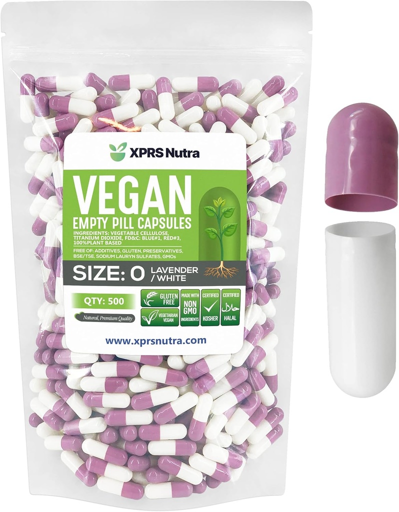 XPRS Nutra Maat 0 Lege Capsules - 500 Graaf Lege Vegan Capsules - Vegetarische pillen - DIY plantaardige filling - Veggie pil caps voor Do-It-Yourself Supplements (Lavender/White)