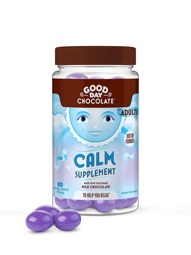 Good Day Chocolate Natural Calming Supplement for Adults, Blend of Camomile, Theanine, Magnesium, Fair Trade and Non-GMO Chocolate, 80 Pieces
