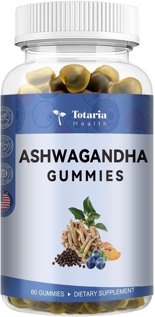 Totaria Ashwagandha Gommies remplies avec/Magnésium Glycinate, Rhodiola Rose, Blueberry Flavor.