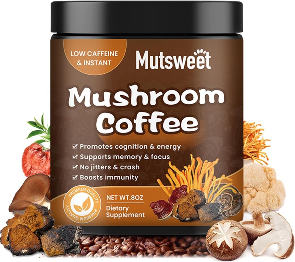 Champignon Café pour Smoothies/Latte, Mélange de Poudre de Champignon (57 portions) avec Lions Mane, Reishi, Cordyceps, Turkey Tail, Chaga - Supplément Champignon pour l'énergie, Focus, Immune- 8 oz