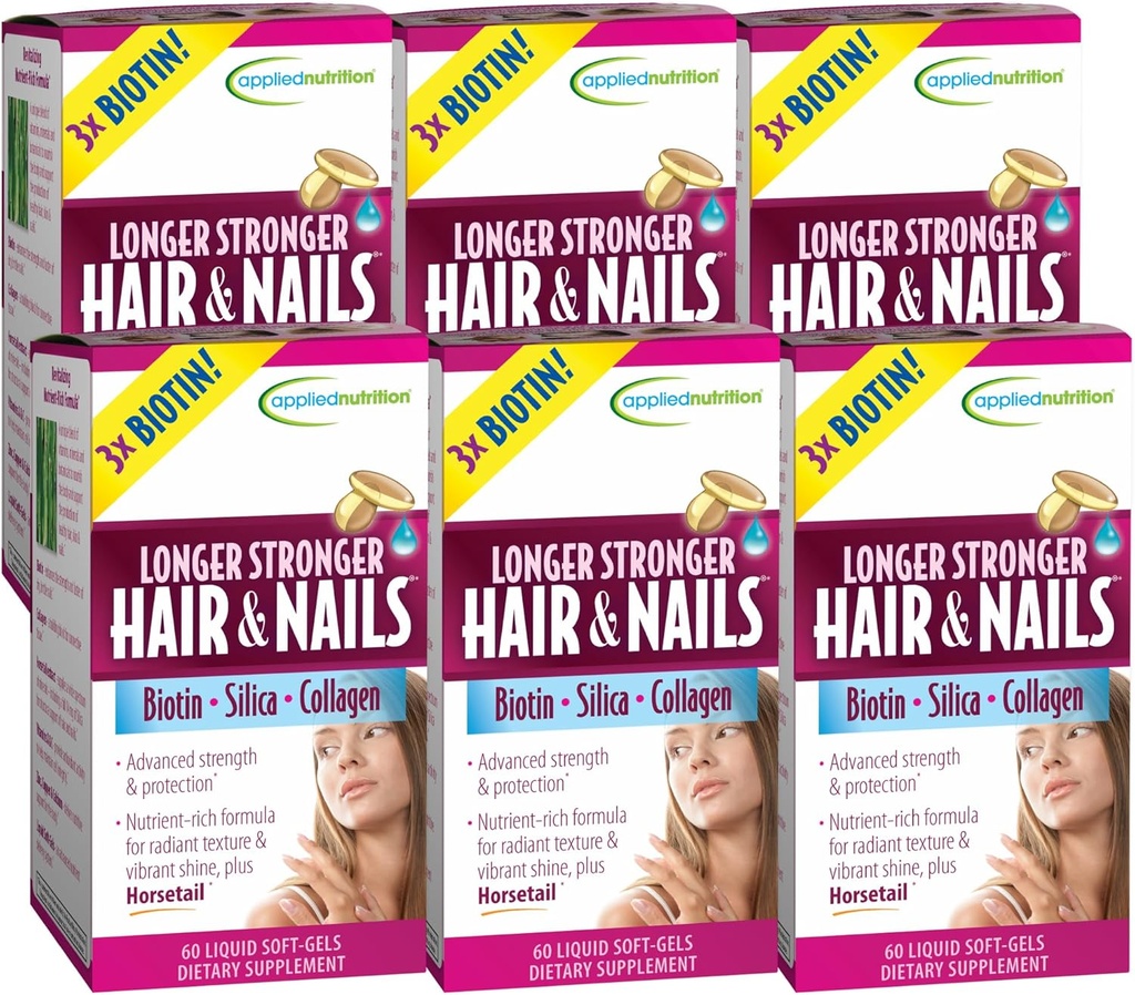 Toegepaste voeding Langer Sterkere haren & Nails - 60 Liquid Soft-Gels, Pack of 6 - Biotine, Silica & Collageen - 180 Servers