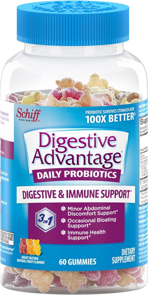 Digestief Voordeel, Probiotische Gummy voor volwassenen, 60 Gummies, Glutenvrij, Survives 100x beter, Assorted Fruit Smaken, Ondersteunt spijsverteringsgezondheid