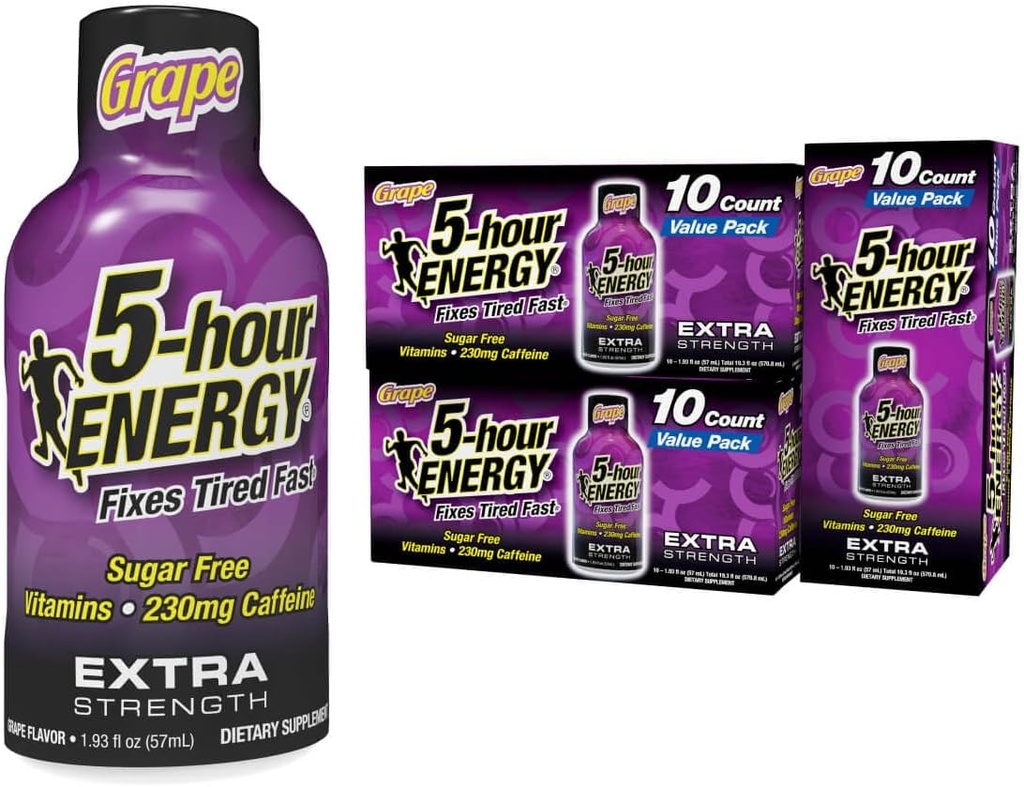 5-uurs ENERGIE Extra sterkte energieschot, druivensmaak, 30 telling, 1,93 oz., Zero Calorieën & Sugar-Free 230 mg Cafeïnated Energy Shot, Aminozuren & B Vitaminen, Dieetsupplementen
