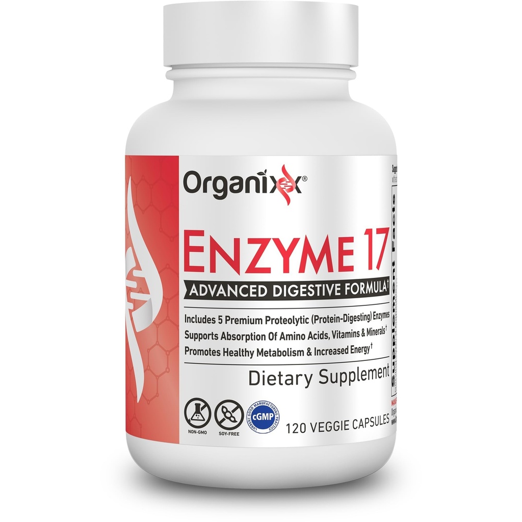 Organixx Enzyme 17 Essentiële Digestieve Enzymen voor vrouwen en mannen, voor Gut Health & Optimale Digestieve Gezondheid, Ondersteuning voor Opgeblazen, Gas, Nutrient Absorptie & Immuniteit, Vegan, Niet GGO, 80 Veggie Capsules