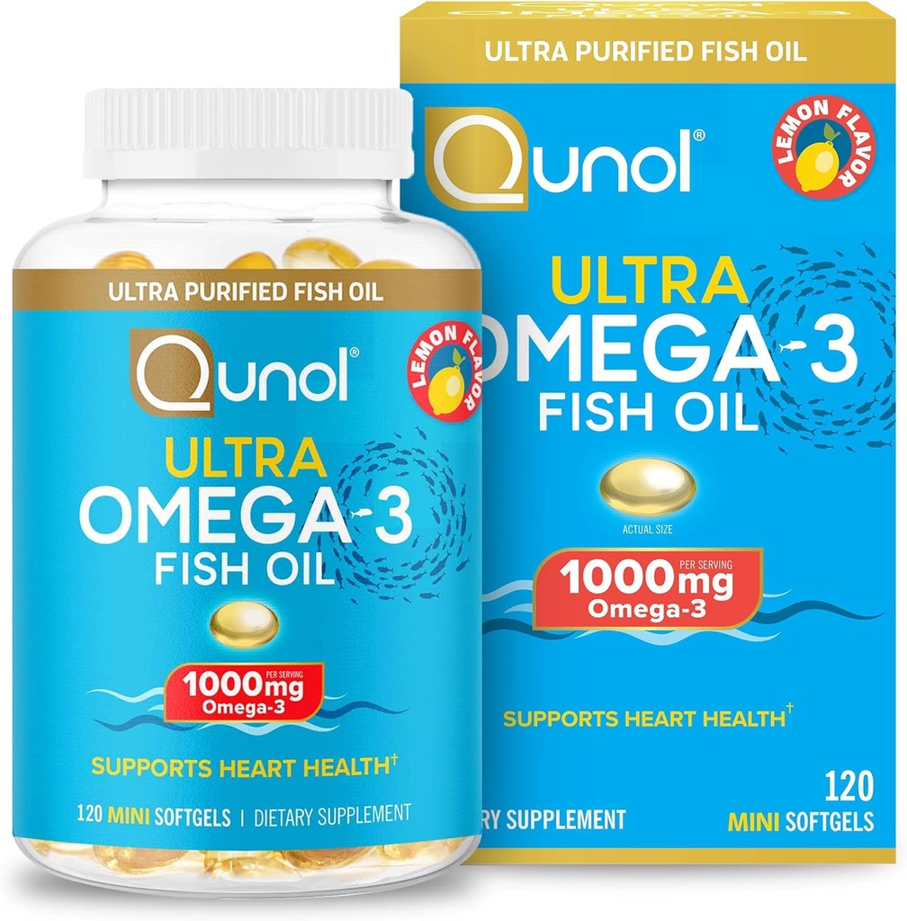 Qunol Omega 3 Fish Oil Mini Softgels, 1000mg Ultra Pure Fish Oil, Heart Health Support, Omega 3 DHA Supplementen, Citroen smaak, 2 maand levering, 120 Tellen