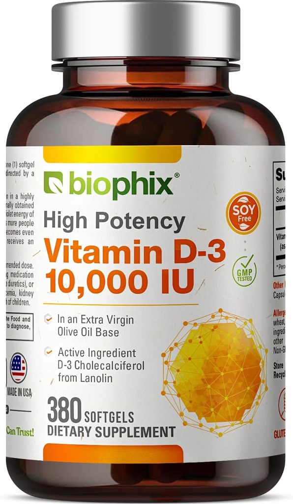 biophix Vitamine D-3 10000 IE 380 Softgels - Hoge sterkte in extra Virgin Olijfolie Non-GMO Sojavrij Ondersteunt sterke botten Immune Gezondheid