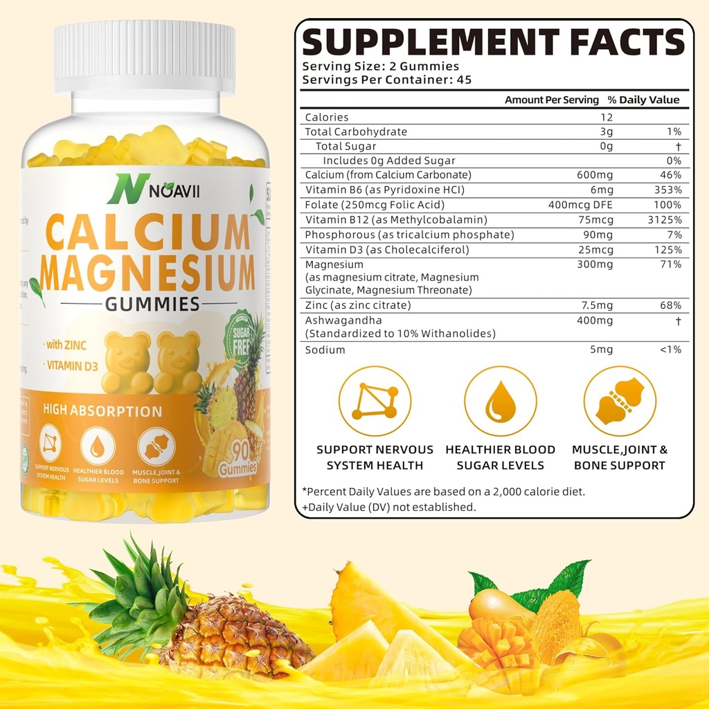 Calcium Magnesium Zink Gummies met vitamine D3, ashwagandha supplement - hoge potentie verbeterde absorptie - Ananas smaak-90 Tellen