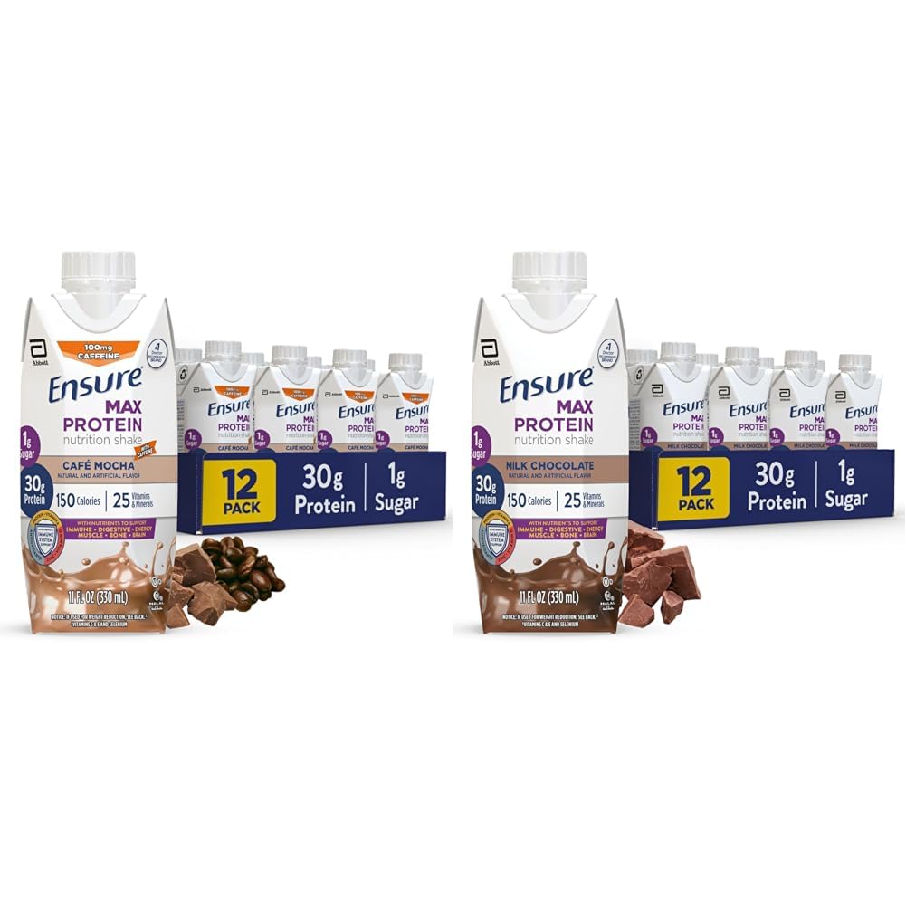 S'assurer que Max Protein Shake Nutritional avec 30g de protéines, 25 vitamines et minéraux, 7 arômes dont Café Mocha et chocolat au lait, boîte de 12, sans gluten