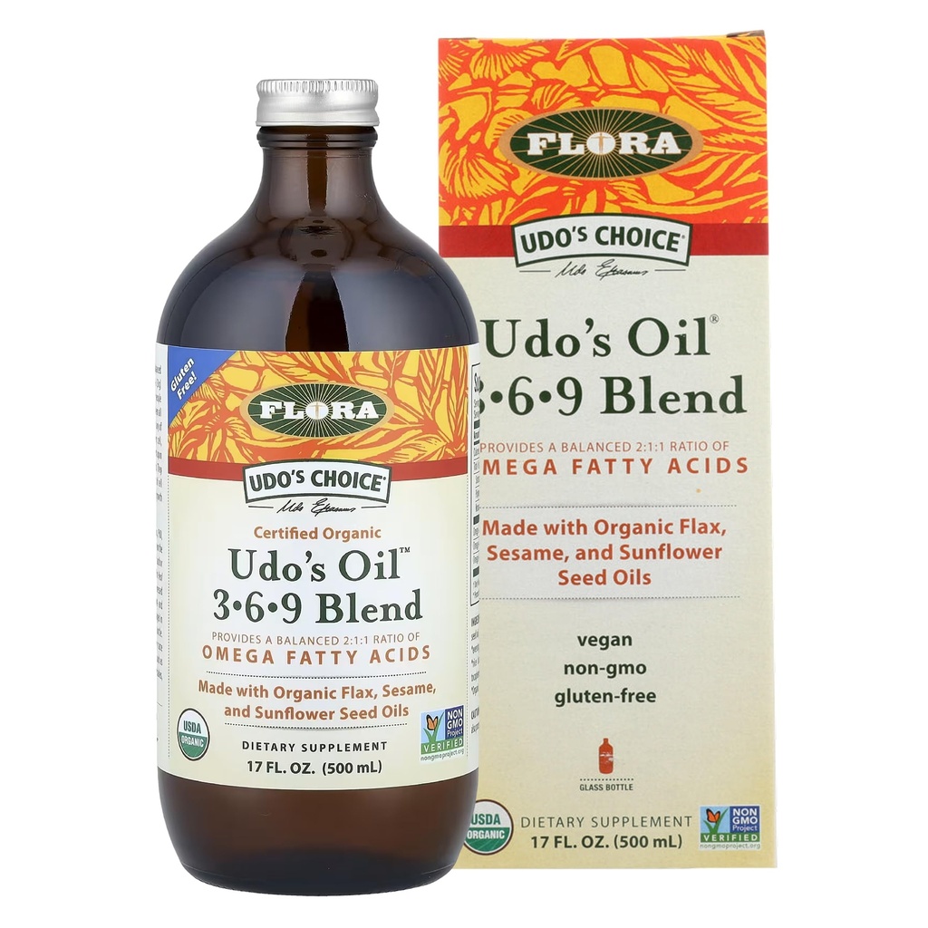 Flora Udo's Oil 3-6-9 Blend - Vegan Omega-3 & Omega-6 Oil - Bevat biologische kokosolie, vlaszaadolie en meer - Keep Chiled - 17 fl. oz.