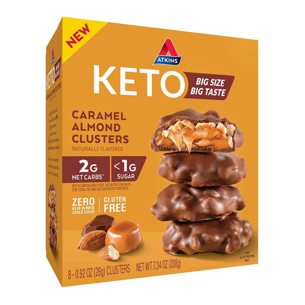 Atkins Caramel amandes grappes, sans gluten, haute en fibre, 1g de sucre, 2g de carbure net, Keto Friendly, 8 comte