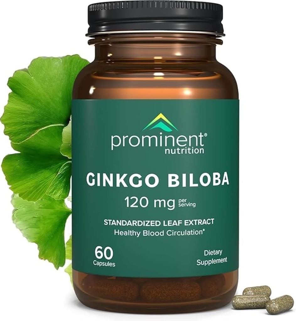 Prominente voeding Ginkgo Biloba 120 mg - Ginkgo Biloba Leaf Extract, kruidensupplementen ter ondersteuning van geheugen & focus- Veganistisch, niet-GMO, glutenvrij, sojavrij, 60 dagen levering - 1 verpakking