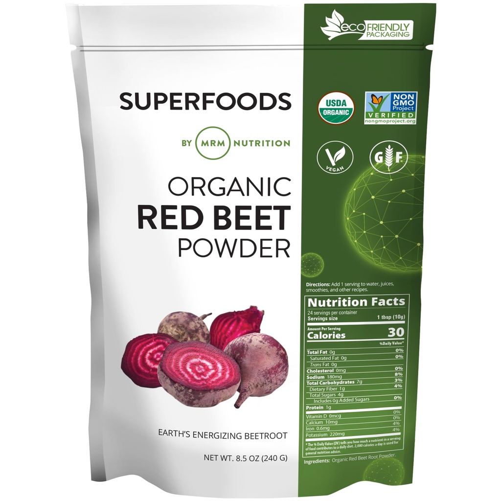 MRM Voeding Biologische Rode Bietenpoeder Superfoods Energie Hart- en vaatgezondheid Voedingsstof Dichte Glutenvrij + Veganistisch 24 porties