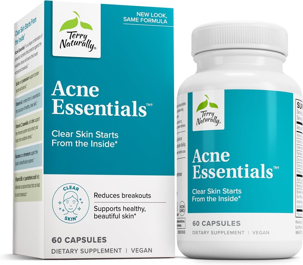 Terry Naturally Acne Essentials - Skin Support for Clear Skin - Supplement with Vitamins A, C & Zink - Skincare Supplement for Occasional Acne - 60 Capsules (60 Servings)