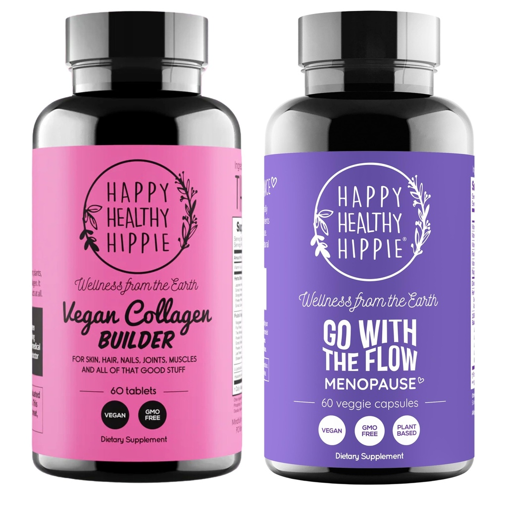 Happy Healthy Hippie Allez avec le support de la ménopause de flux et les pilules de collagène de construction végétalien