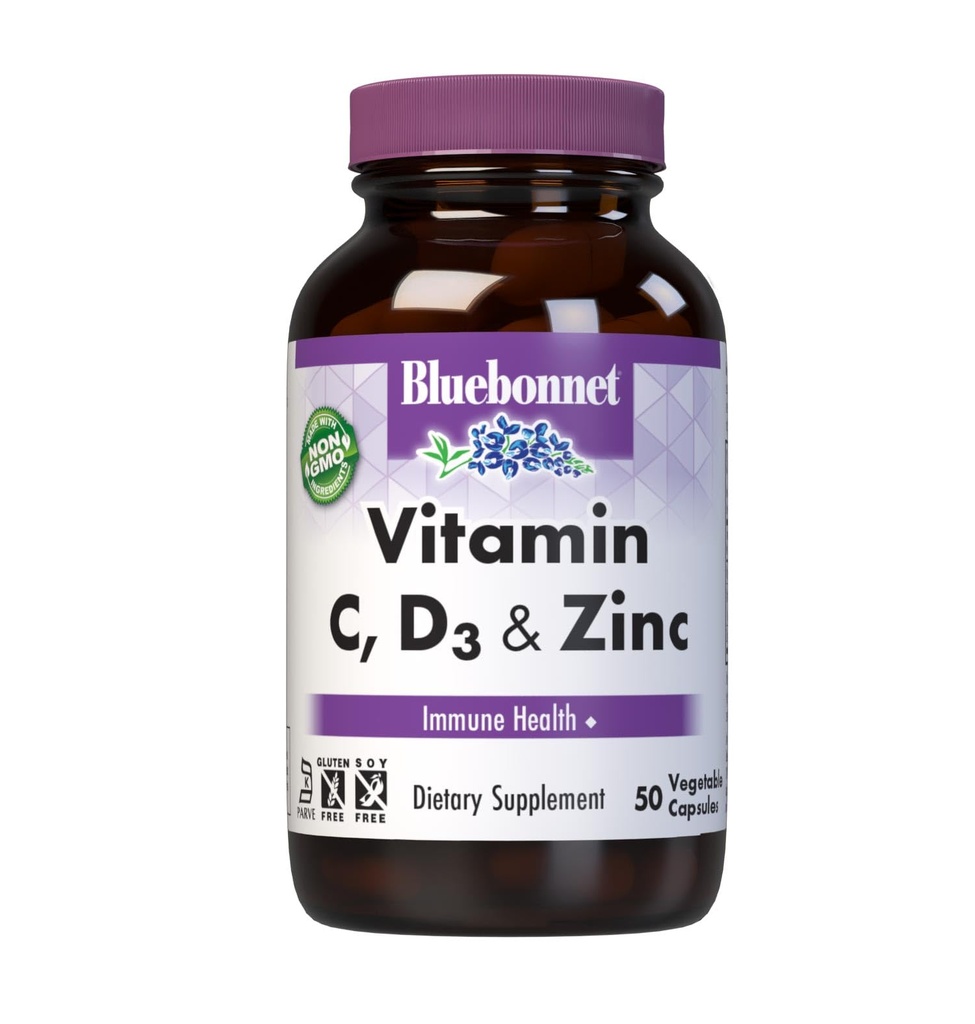 BlueBonnet Nutrition Vitamine C, D3 & Zinc, Immune Health*, non-OGM, certifié Casher, sans gluten, sans soja, sans lait, 50 capsules végétales, 50 portions