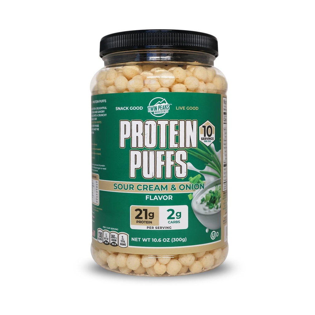 Twin Peaks Protein Puffs - (Sour Cream & Ui), Keto Friendly, Low Carb Snack (300g, 21g Protein, 2g Net Carbs, High Protein, Healthy Crunchy Snack)
