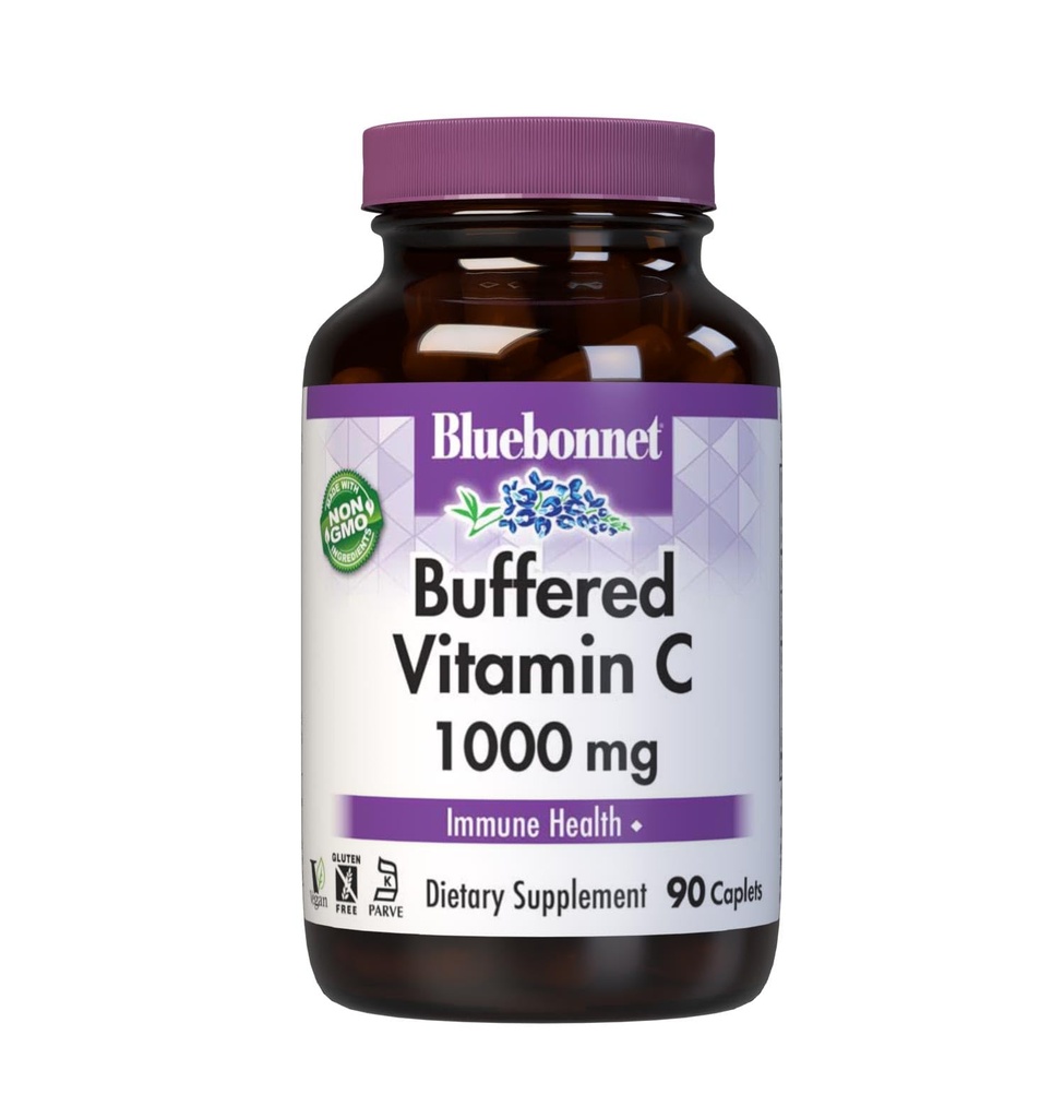 BlueBonnet Nutrition Buffered Vitamine C1000 mg Capsules végétales Buffered Calcium Ascorbate pour Immune Santé Sans soja Sans gluten Non OGM Casher Sans lait Capsules végétales végétaliennes, Citrus, 90 Compte