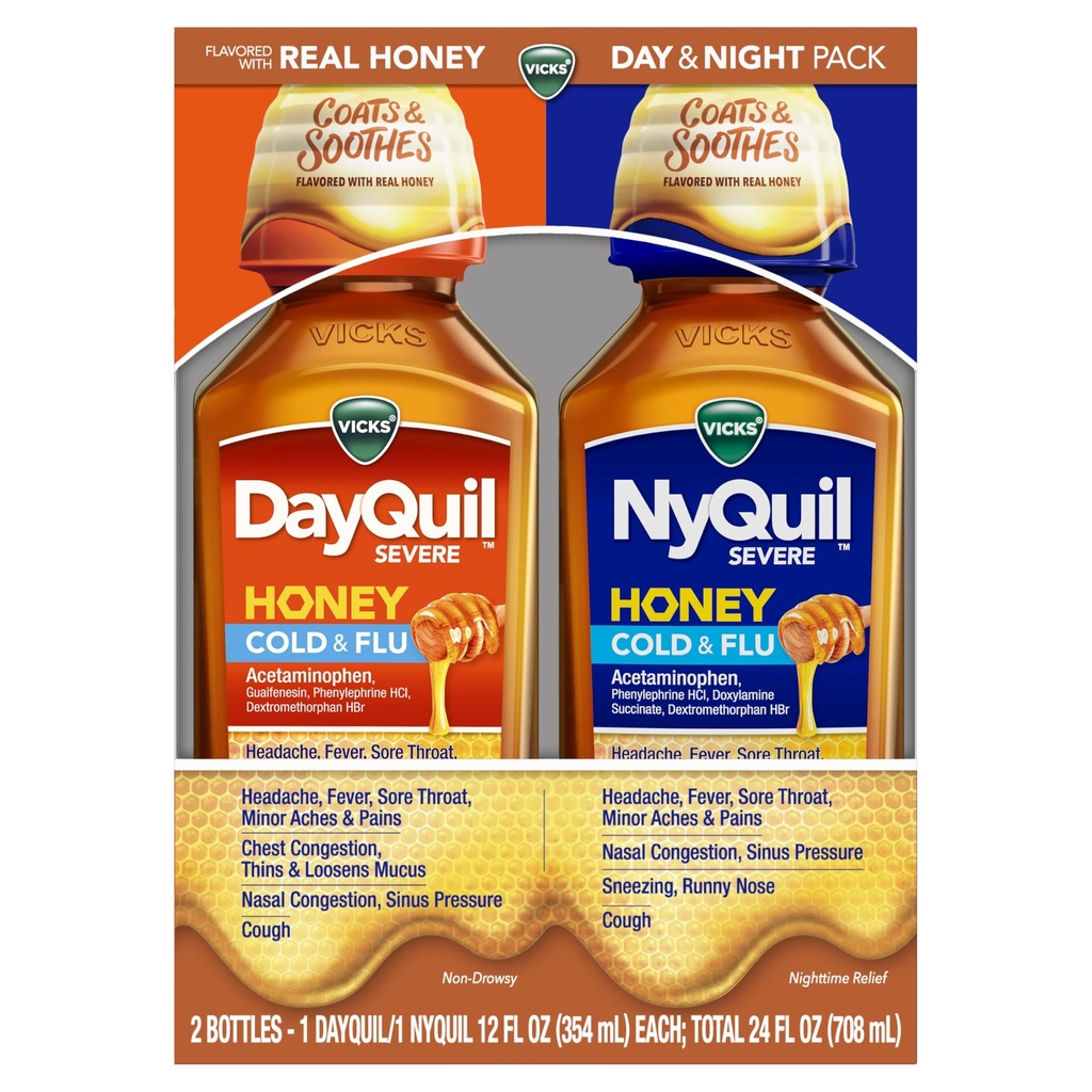 VICKS DayQuil & NyQuil SEVERE honingsmaak co-pack, koude en griepmedicijn, verlicht hoofdpijn, koorts, pijnlijke keel, lichte pijn en pijn, nasale congestie, sinusdruk, stuffy neus, en hoesten, 2x12oz
