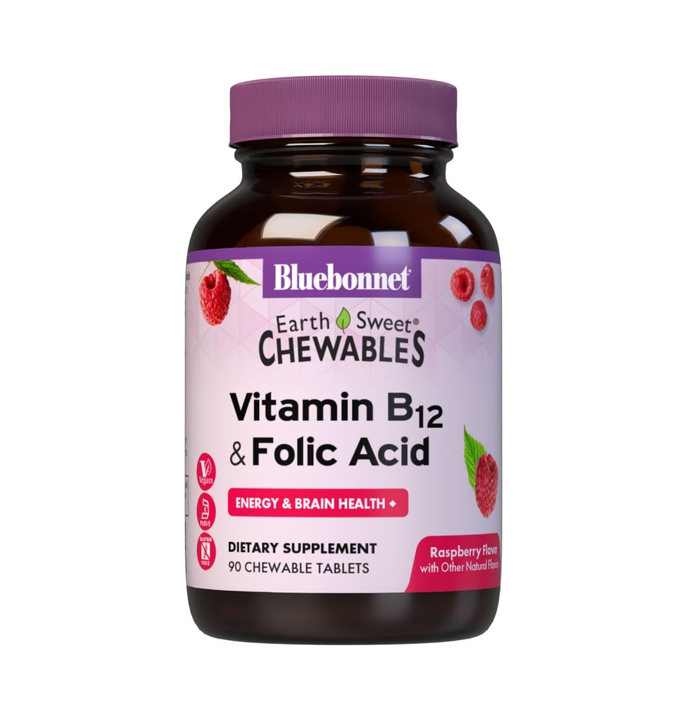 Bluebonnet Nutrition Earth Sweet Vitamin B12 & Folic Acid Chewable Tablets, Soy-Free, Gluten-Free, Raspberry 90 Count (Pack of 1)