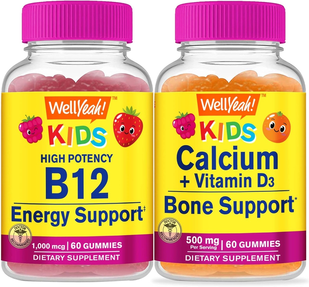 WellYeah Vitamine B12 Kids + Calcium + Vitamine D3 Kids, Gummies Bundle - Grote Proeverij, Vitamine Supplement, Glutenvrij, GGO-vrij, Kauwgom