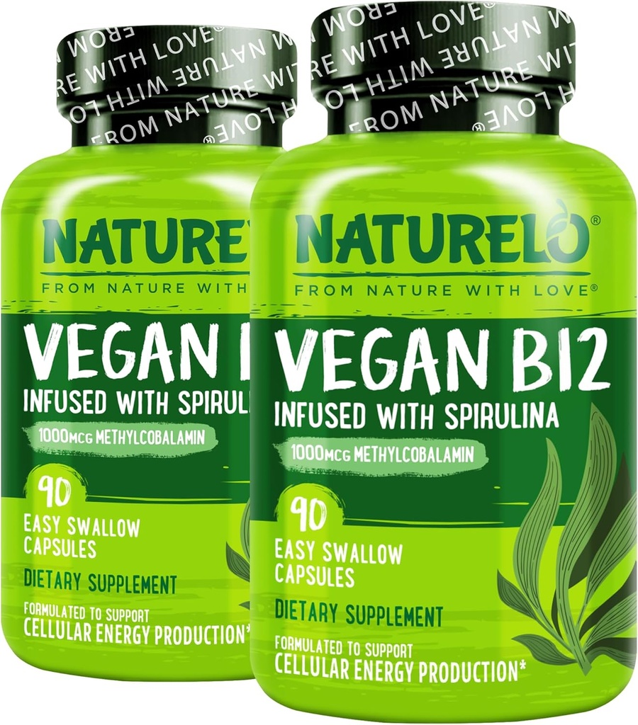 NATURELO Vegan B12 - Methyl B12 met Organische Spirulina - Hoge Potentie Vitamine B12 1000 mcg Methylcobalamine - Ondersteunt gezonde Mood, Energie, Hart & Oog Gezondheid - 90 Capsules (Pack of 2)