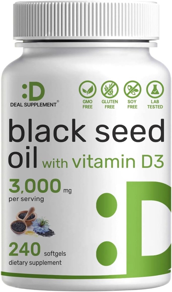 DEAL SUPPLEMENT Black Seed Oil, 240 Softgels – Cold-Pressed Nigella Sativa, Naturally Occurring Thymoquinone (TQ) – Non-GMO, No Gluten – Black Cumin Seed Liquid Capsules with Vitamin D3