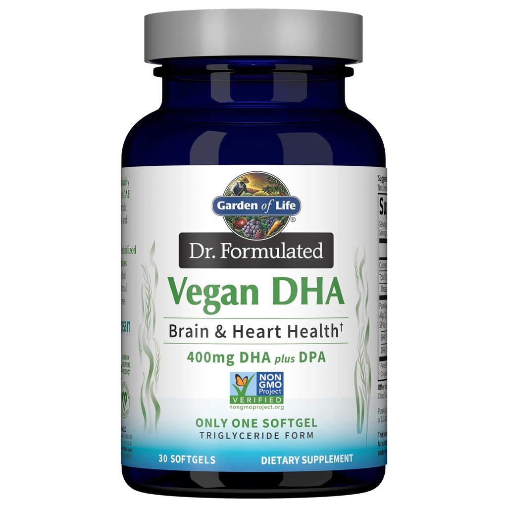Garden of Life Omega 3 Vegan DHA Supplementen Dr. Formulated Vegan DHA, 400mg DHA & 90mg DPA in triglyceride vorm uit een enkele bron, Omega 3 Supplement voor de gezondheid van vrouwen en mannen, 30 Softgels