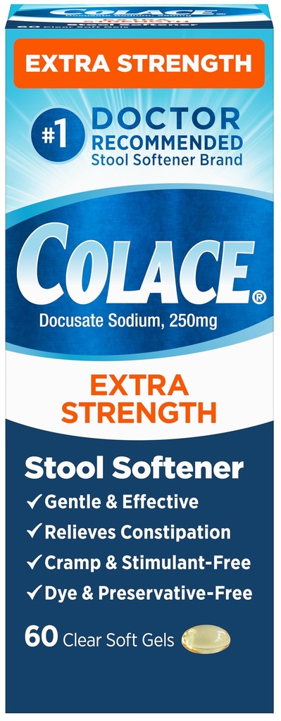 Colace Extra sterkte Stool Softener voor zacht effectieve constipatie Relief, #1 Doctor Aanbevolen Stool Softener Merk, 250 mg Docusate Capsules, 60 Tellen (verpakking van 1)