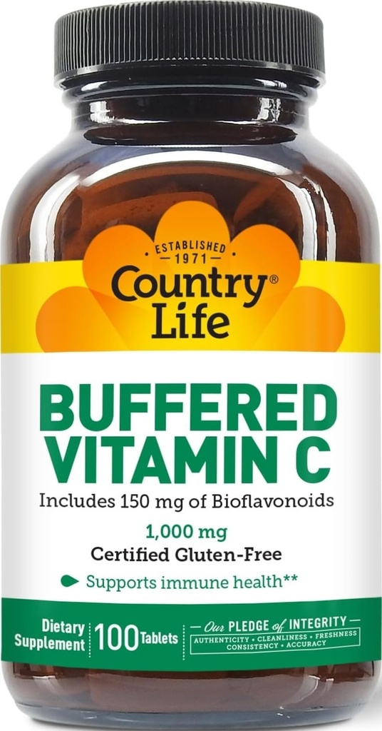 Country Life Buffered Vitamine C 1000mg met Bioflavonoïden, Calcium, Magnesium, Kalium - Immune Support, Vegan Capsules, Glutenvrij, Voorzichtig op Maag - 100 tabletten