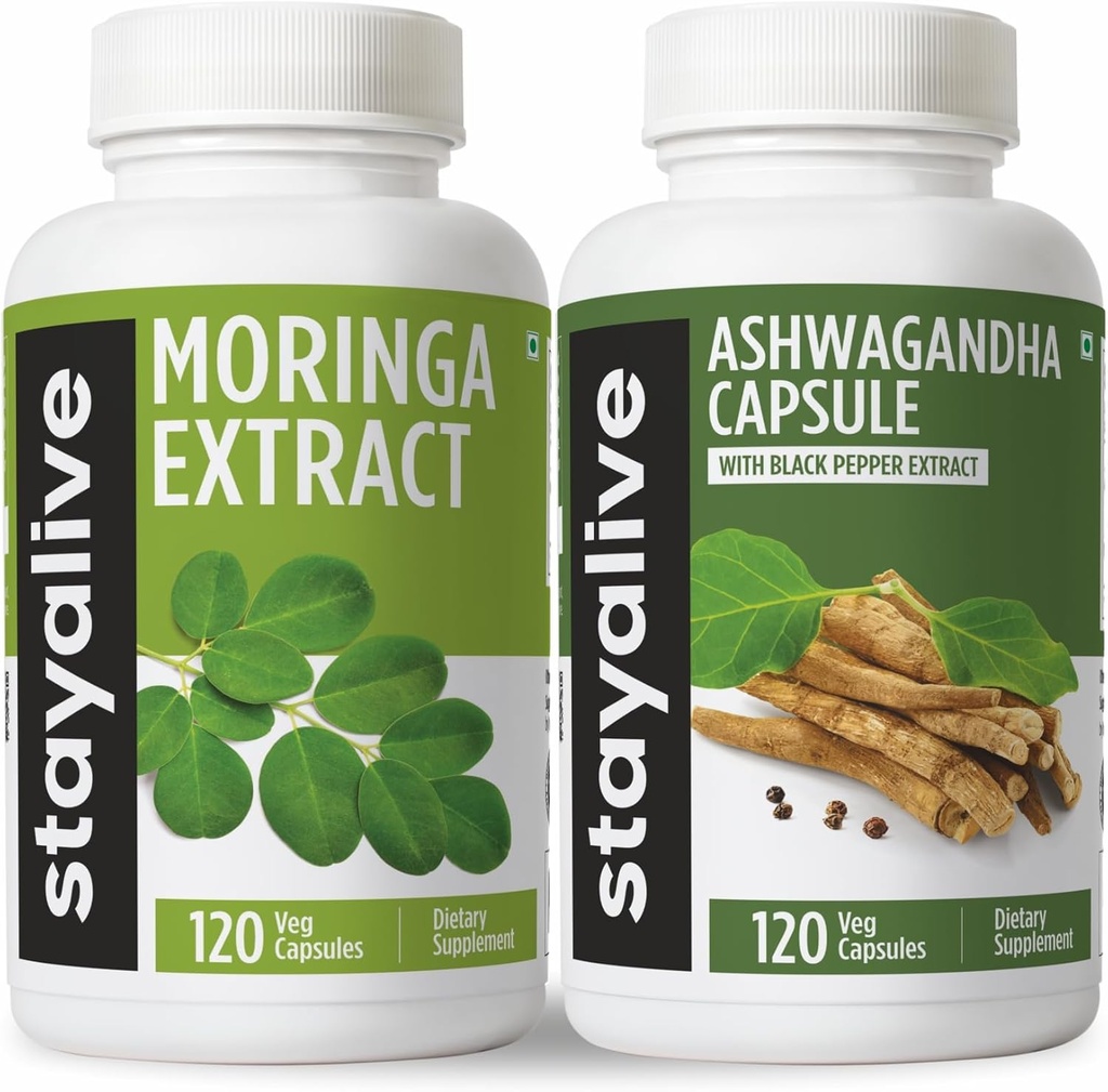 STAY ALIVE Moringa et Ashwagandha Bundle w/Black Pepper Extract, 240 pilules Vegan, sans OGM et sans gluten Ashwagandha Moringa Supplément 2 Pack