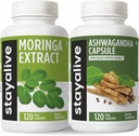 STAY LIVE Moringa and Ashwagandha Bundle w/Black Pepper Extract, 240 Vegan Pillen, Non-GMO & Glutenvrij Ashwagandha Moringa Supplement 2 Pack