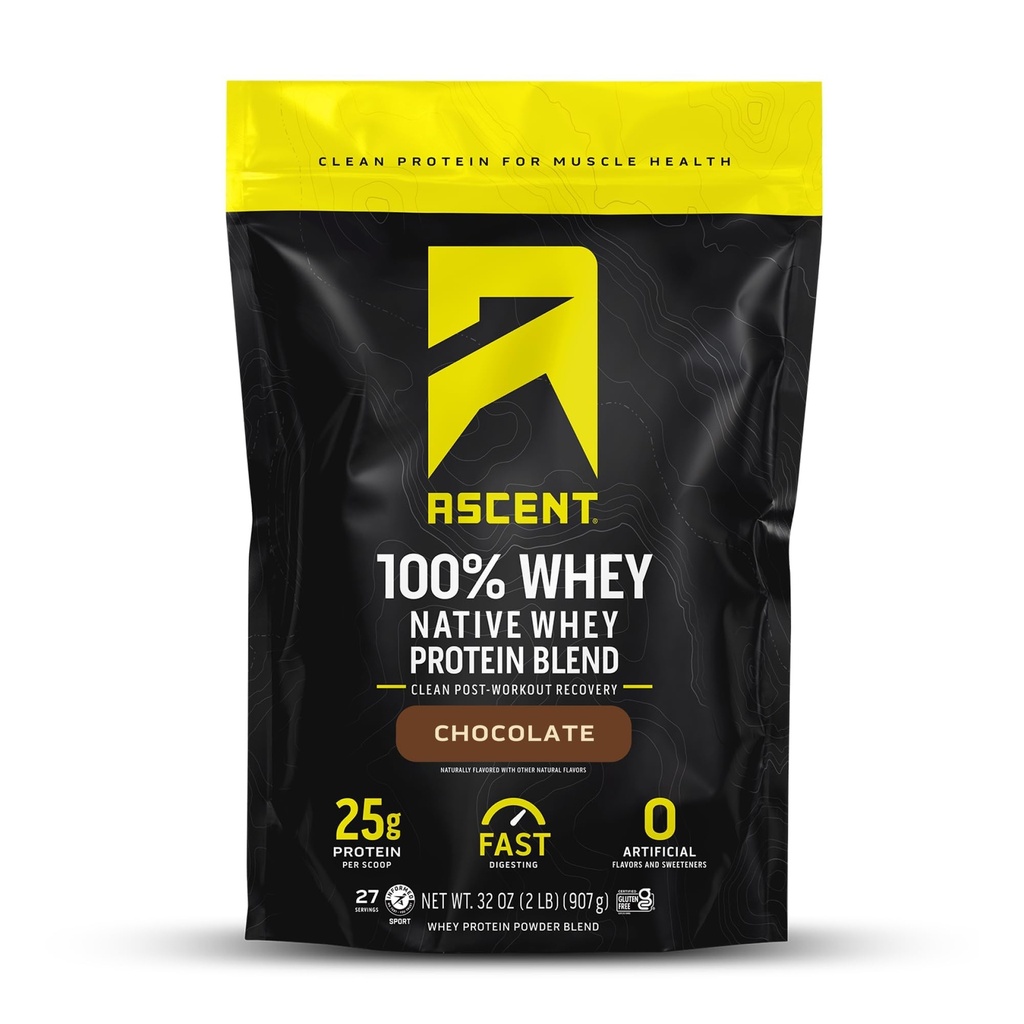Ascence 100% poudre de protéines de lactosérum - Après l'entraînement Isolation de la protéine de lactosérum, Zéro arômes et édulcorants artificiels, sans gluten, 5,5g BCAA, 2,6g Leucine, acides aminés essentiels, chocolat 2 lb