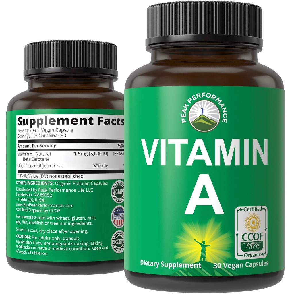 Gecertificeerde Organische Vitamine A 5000 IE Supplement Capsules Hoge Potentie Vitaminen. voor volwassenen, mannen, vrouwen, kinderen. Gemaakt met biologische wortelsap. Mooi voor Immune, Skin, Eye Support. Niet genetisch gemodificeerde organismen, veganistische pillen