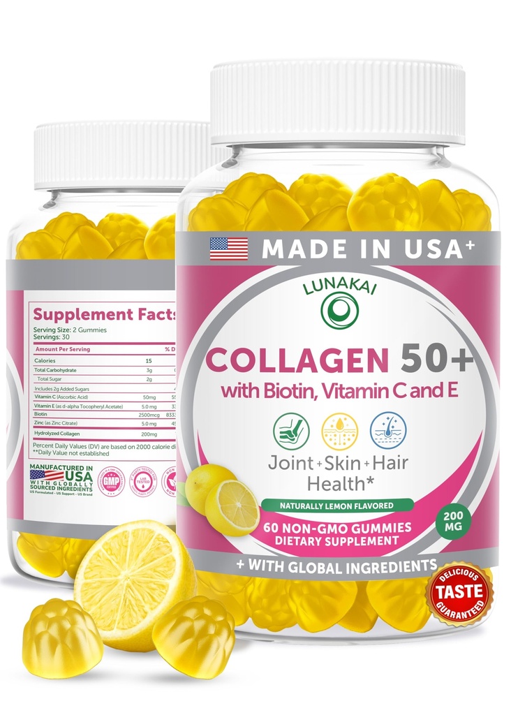 Lunakai USA Made Collageen Gummies for Women & Men Over 50, Biotin & Vitamin C, Ondersteunt huid elasticiteit, haar & nagel sterkte, gezamenlijke ondersteuning, 60ct
