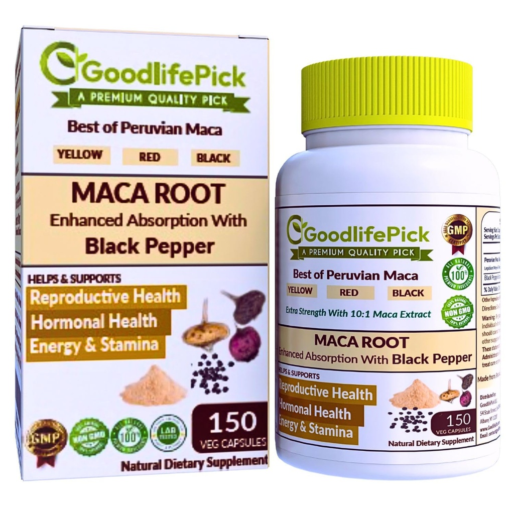 Peruvian Maca Root Capsules 150 ct. Powerful Maca Mélange de jaune rouge et noir de maca racine avec poivre noir. Tous naturels non OGM végétalien sans stéarate Pas de poudre de riz Pas de silice Pas de remplissage
