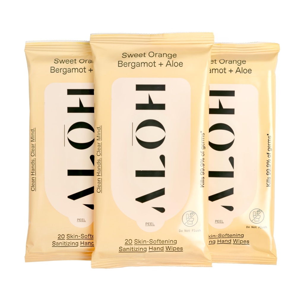 ALŌH Sweet Orange Bergamot + Aloe Sanitizing Hand Wipes - Clean Hands, Clear Mind - On The Go Hand Sanitizing Wipes for Kids and Adults - Travel Size 3 Pack 20ct Wipes (60 wipes)