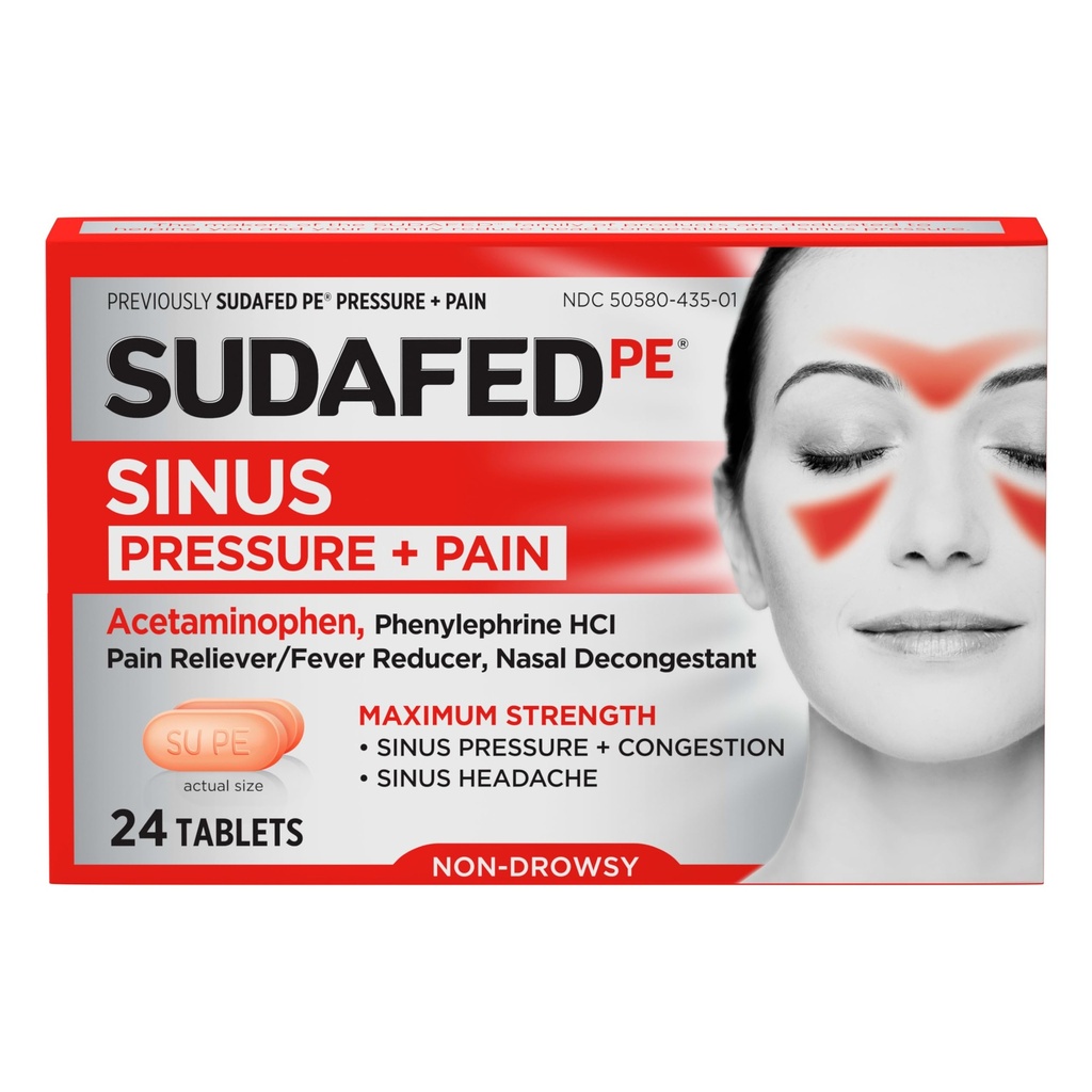 Sudafed PE Sinus Pressure + Pain Relief Tablets, Maximum Strength, Non-Drowsy, OTC Sinus Relief Medicine with Acetaminophen Pain Reliever & Phenylefrine HCl Nasal Decongestant, 24 st.