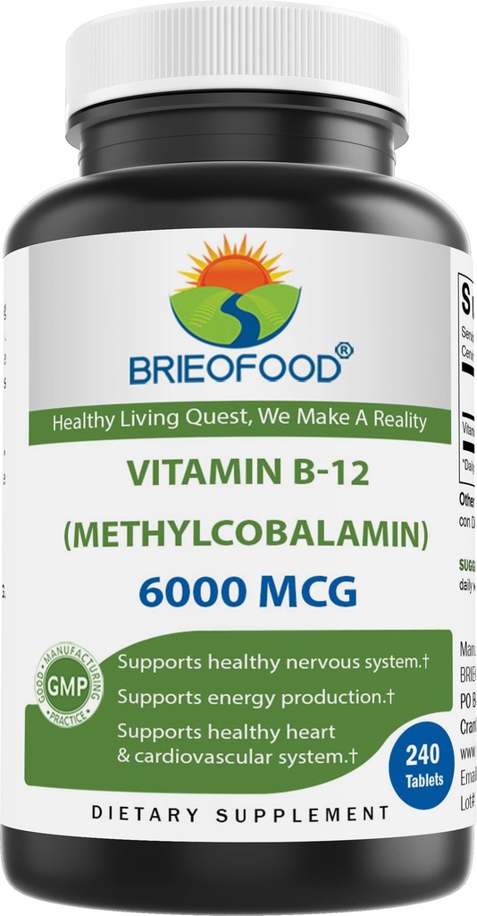 Brieofood Vitamine B-12 (Methycoballamine) 6000 mcg- 240 tabletten. Niet-GMO, en glutenvrij