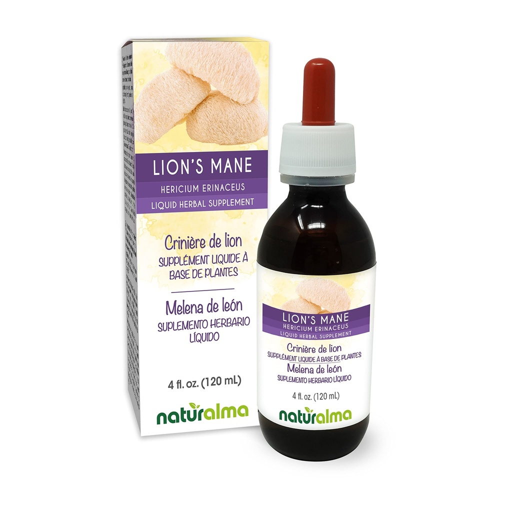 Naturalma Lion's Mane (Hericium erinaceus) Fungus of Mushroom Alcoholvrije Tinctuur - 4 fl oz Liquid Extract in druppels - Kruidensupplement - Veganistisch