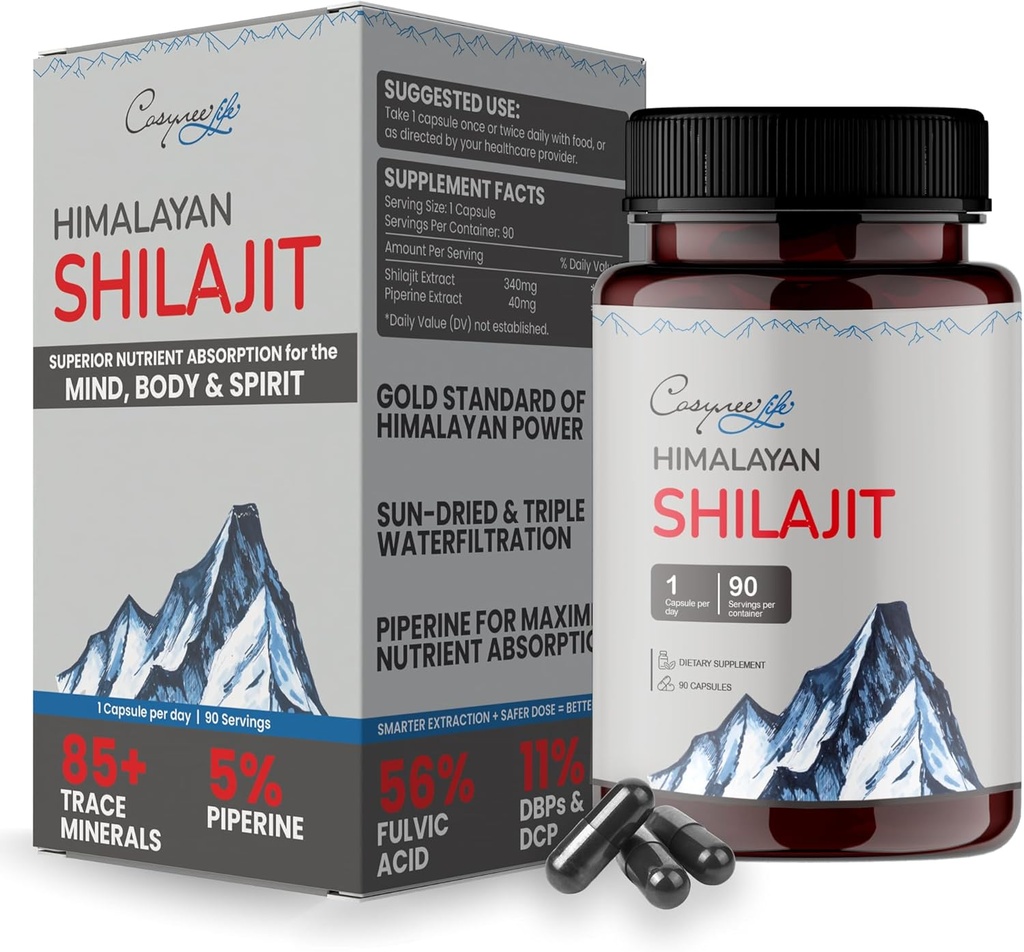 cosynee Himalaya Shilajit - Shilajit Capsules, Shilajit voor mannen, Shilajit voor vrouwen, 56% Fulvinezuur & 5% Piperine, 90 Caps