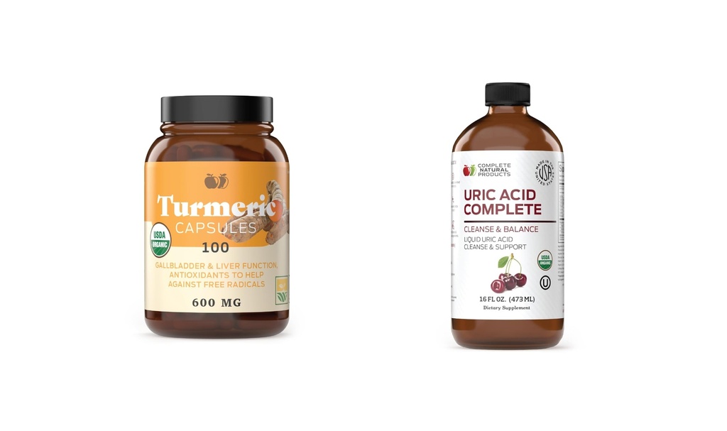 Complete Natural Products Kurkuma 100 Capsules & Uric Acid Complete 16oz Bundle