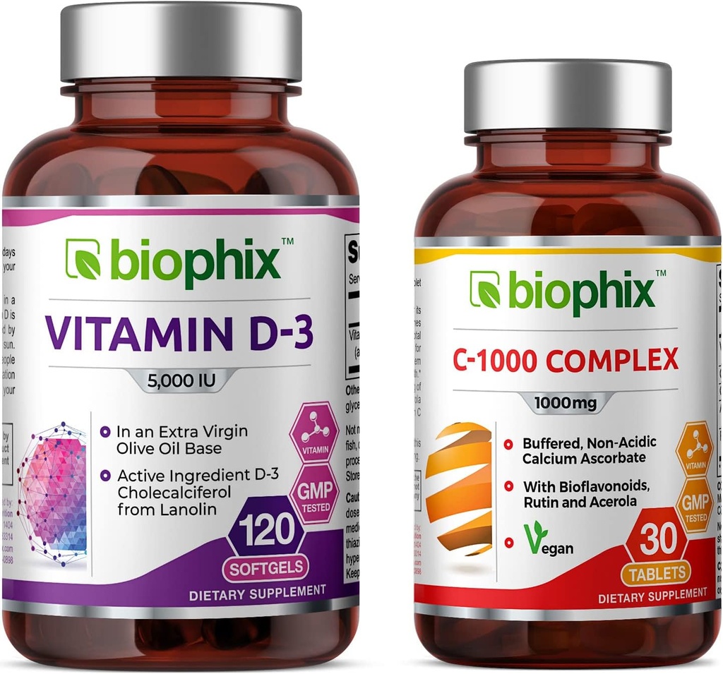 biophix Vitamine D-3 5000 IE 120 Softgels - Vrije Vitamine C-1000 30 tabletten - Hoog vermogen in extra Virgin olijfolie Non-GMO Soy-Free ondersteunt sterke botten Immune Health