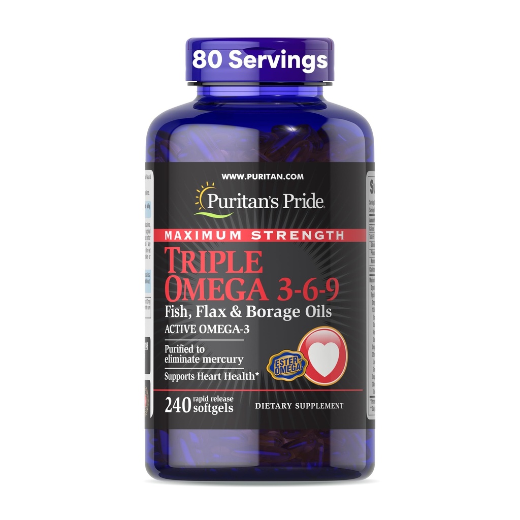 Puritan's Pride Premium Maximale sterkte Triple Active Omega 3-6-9 Vis, Vlas en Borage Oils, Dieetsupplement voor hart, gewrichten en Cellular Health Support, 240 Rapid Release Softgels