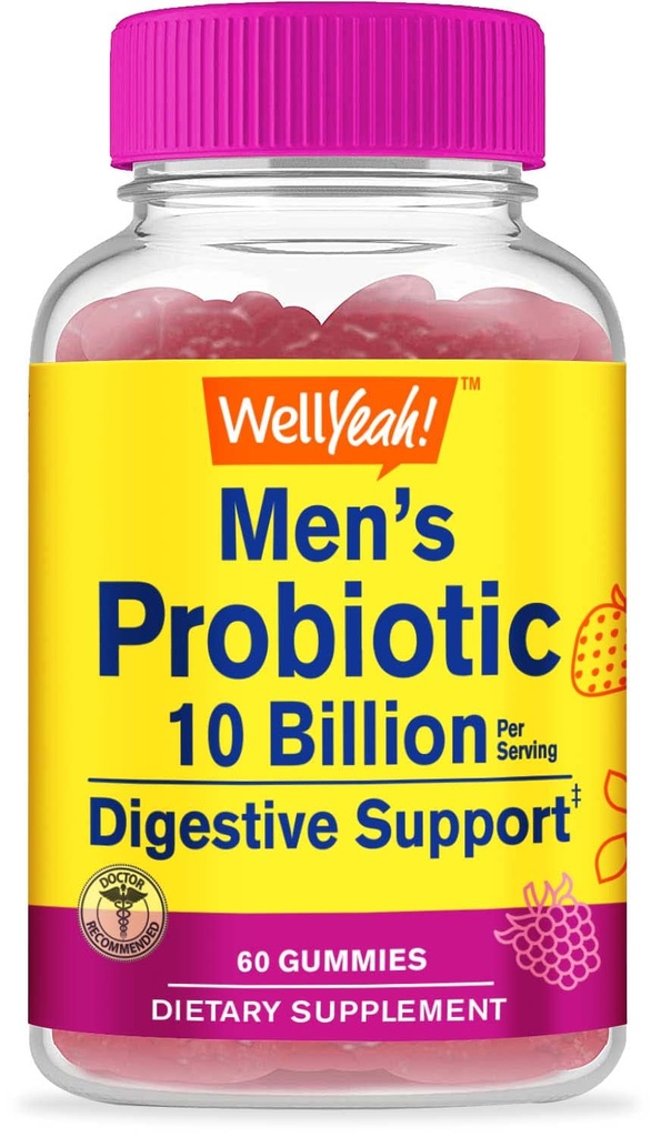 WellYeah Probiotic Gummy's voor mannen met 10 miljard CFUs, herstel natuurlijke spijsverteringsbalans, vermindering van gas, opgeblazenheid, en onregelmatigheid, glutenvrij, niet-GMO, vegetarisch - 60 Gummies