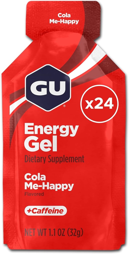 GU Energy Original Sports Nutrition Energy Gel, végétalien, sans gluten, sans casher, et sans lait sur la route énergie pour toute séance d'entraînement, 24-Count, Cola Me-Happy