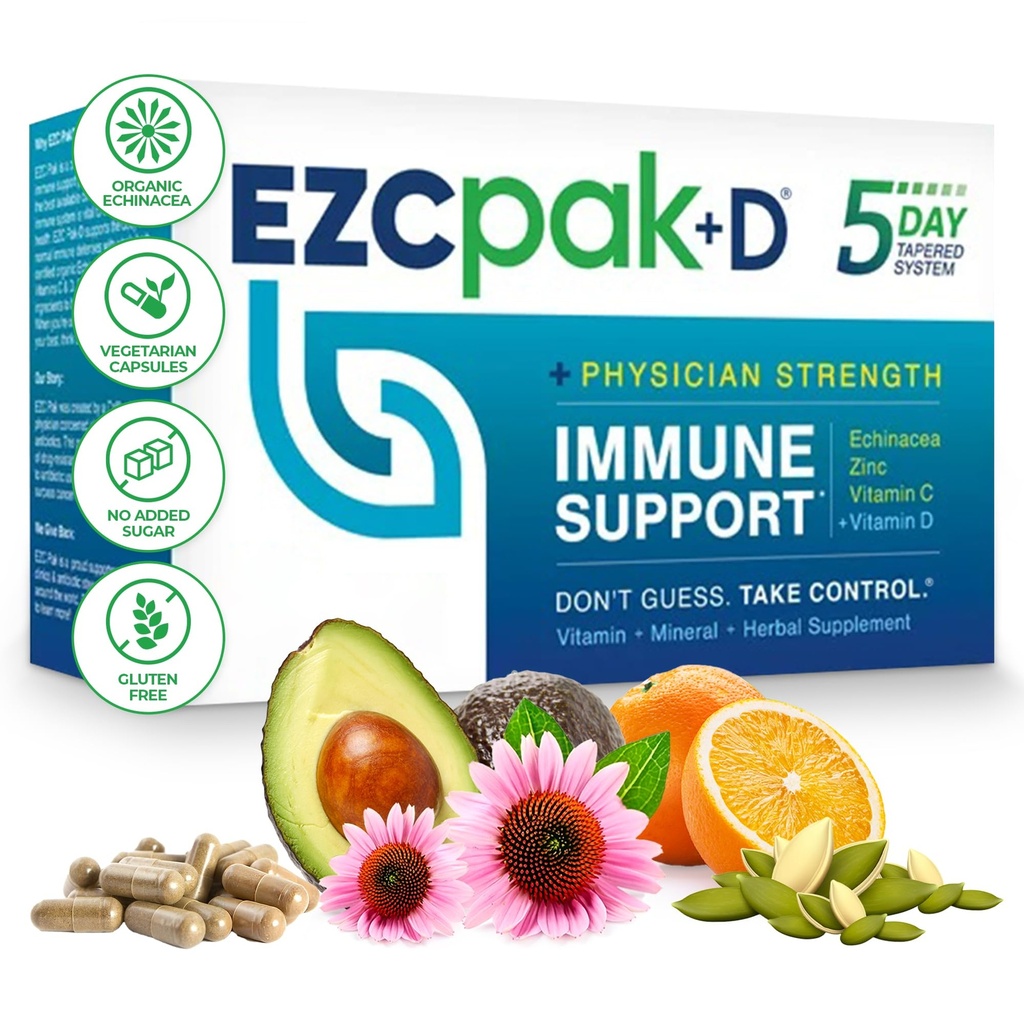 EZC Pak 5-Day Immune System Booster avec Echinacea, Vitamine C, Zinc et Vitamine D - Supplément de support pour les adultes Immunissables et faciles à transporter