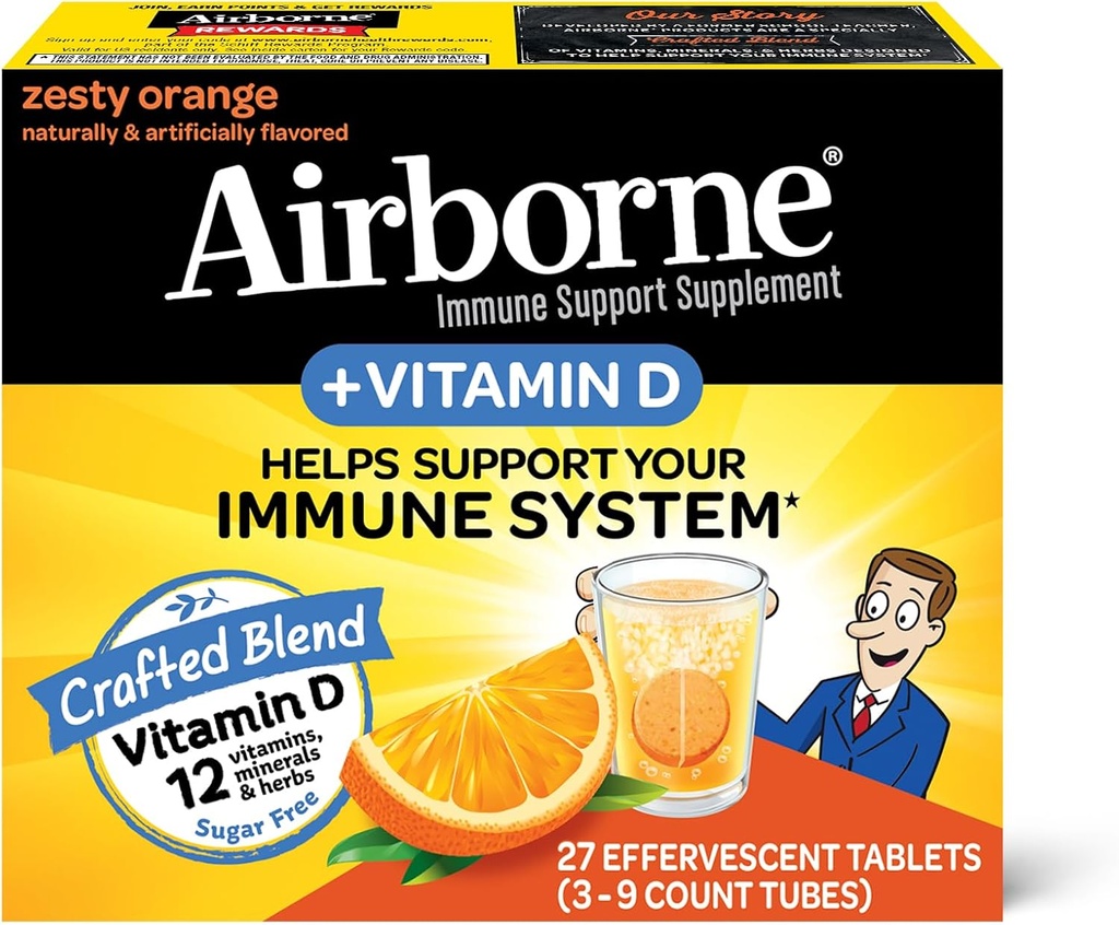 Airborne 750 mg vitamine C met zink Bruistabletten, Immune Support Supplement met krachtige antioxidanten Vitaminen A C D3 & E - 27 Fizzy Drink Tablets, Zesty Orange Flavor