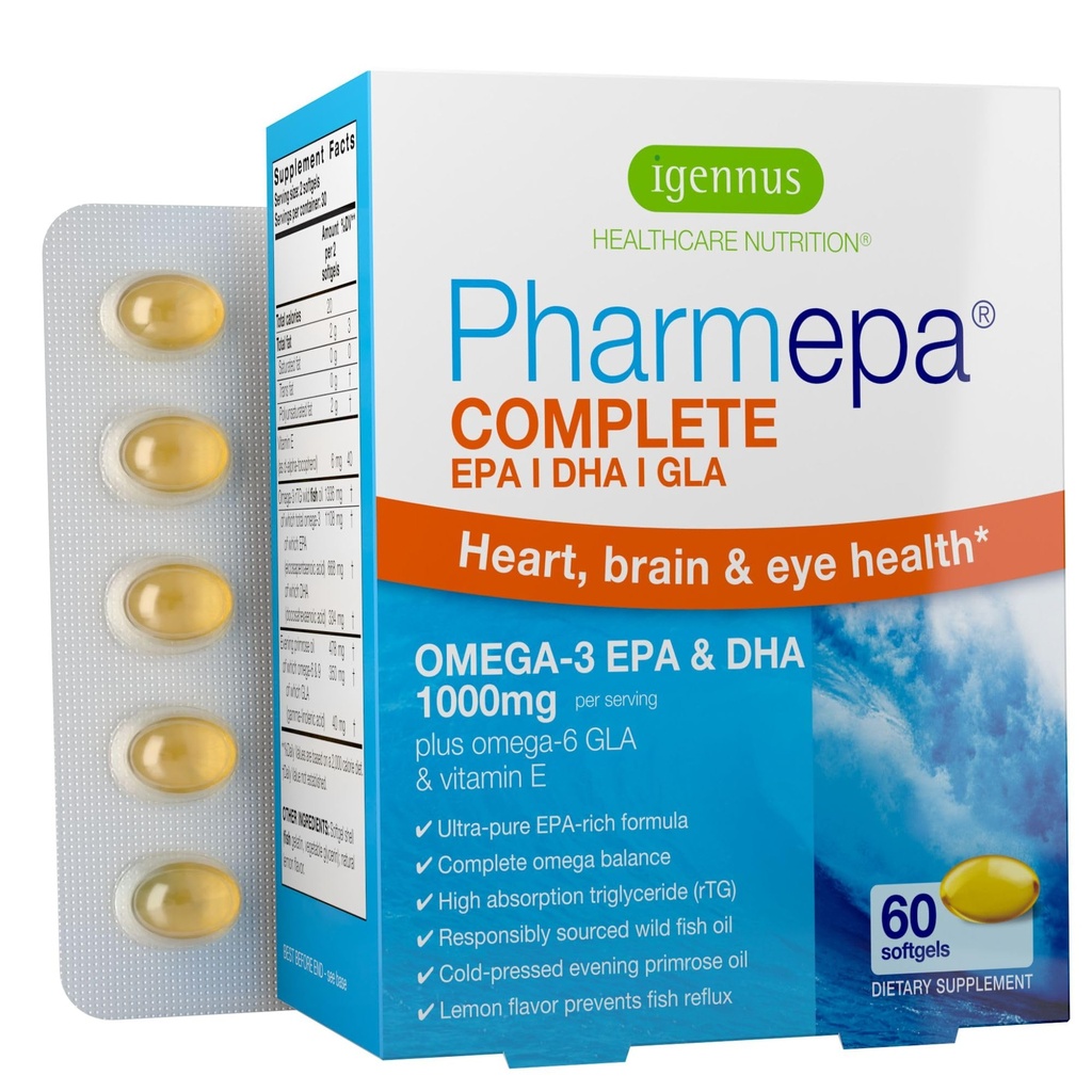 Igennus Pharmepa Complete EPA 668mg & DHA 334mg Omega-3 Acides gras 1000mg, IFOS certifié, forme rTG, huile de poisson de haute puissance plus Omega-6 et 9 de GLA Huile de Primrose du soir, Saveur de citron, 60 Softgels